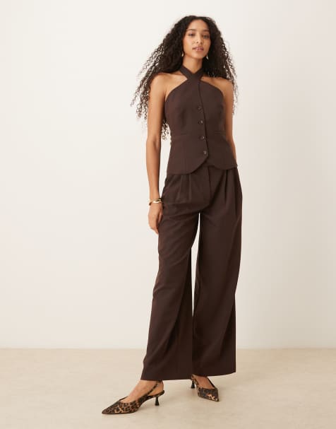 ASOS DESIGN tailored triple pleat wide leg pants in chocolate - part of a set - view 1