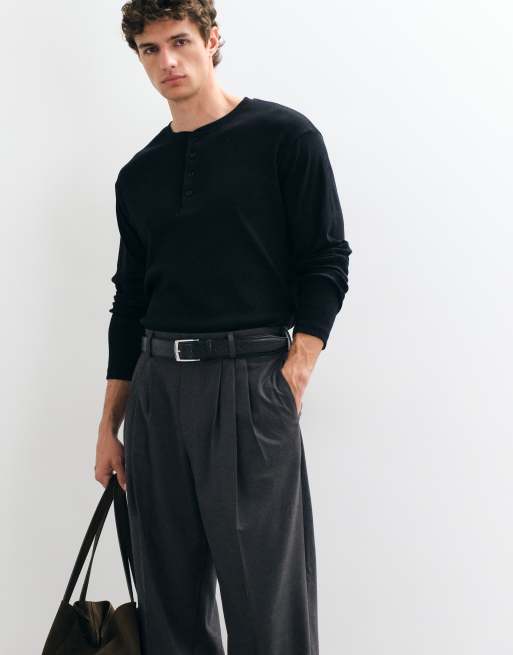 ASOS DESIGN tailored triple pleated wide leg trousers in charcoal, 3 of 5