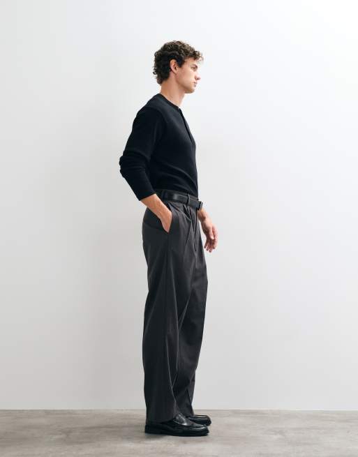 ASOS DESIGN tailored triple pleated wide leg trousers in charcoal, 4 of 5