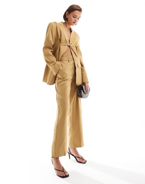 ASOS DESIGN tailored trouser with raw edge details and belt co-ord in tan - YELLOW