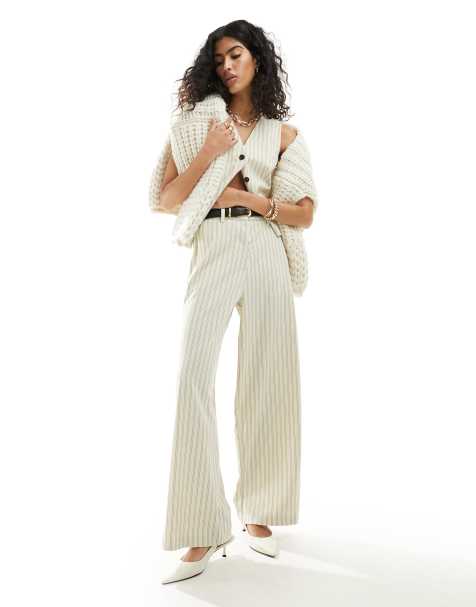 ASOS DESIGN tailored trousers with belt in cream stripe - view 1