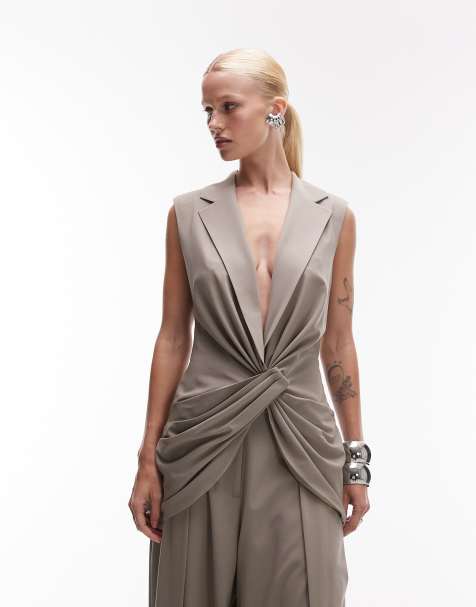 ASOS DESIGN tailored twist front plunge waistcoat in neutral - view 1