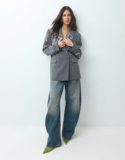 ASOS DESIGN Tailored ultimate fashion double breasted blazer with embellishments in grey, 2 of 5