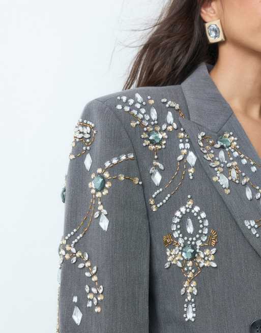 ASOS DESIGN Tailored ultimate fashion double breasted blazer with embellishments in grey, 4 of 5
