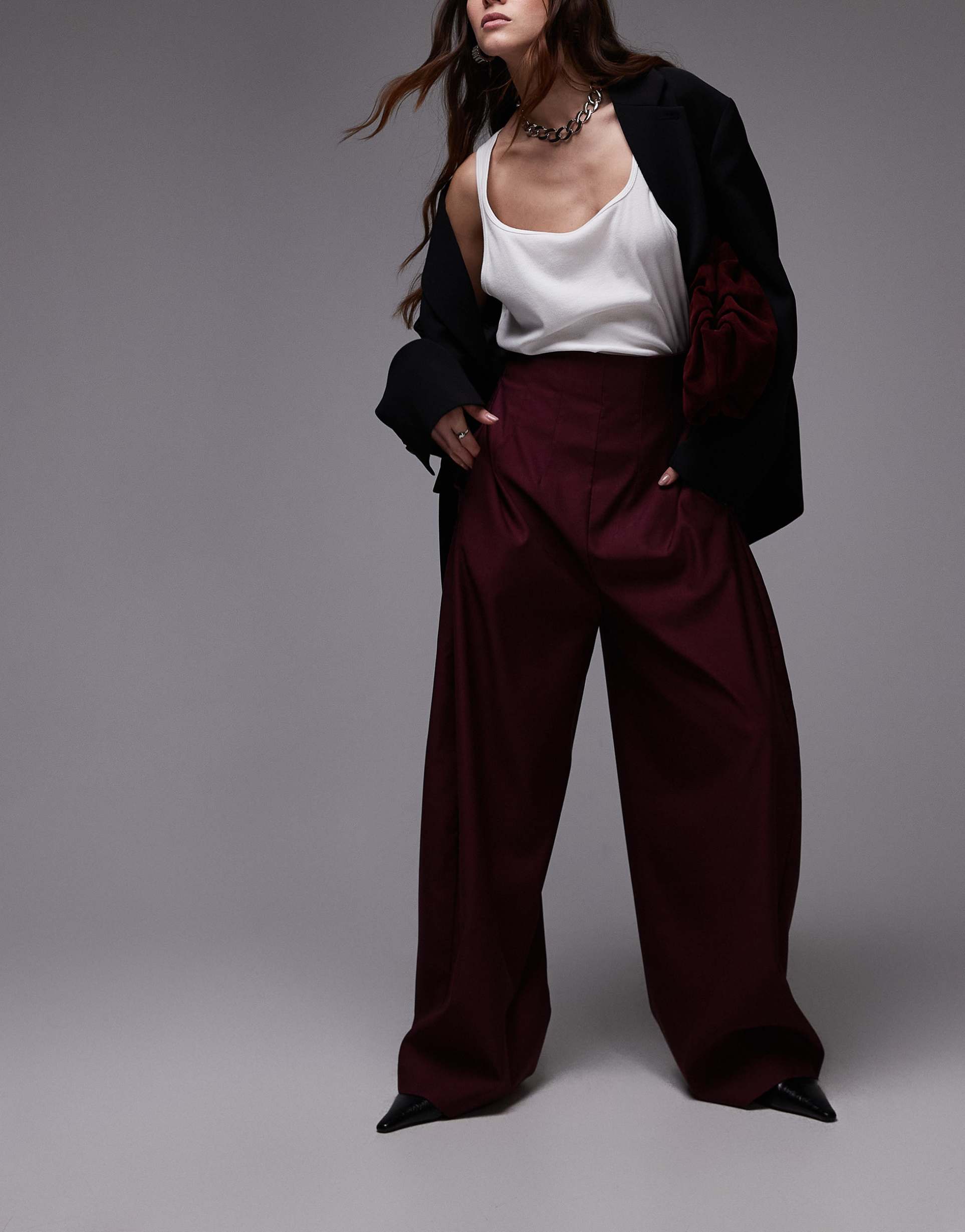 asos design tailored ultra high rise wide leg corset pants in burgundy