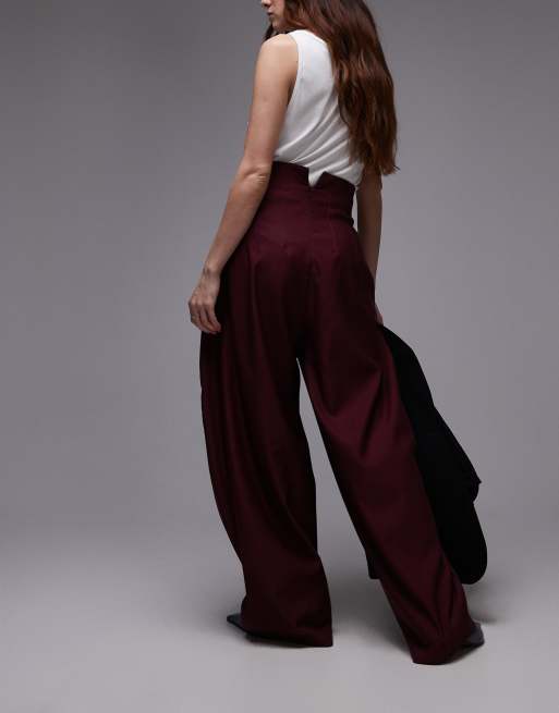 ASOS DESIGN tailored ultra high rise wide leg corset pants in burgundy