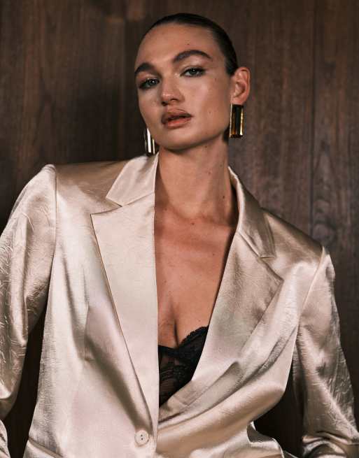 ASOS DESIGN tailored unstructured satin blazer in oyster, 2 of 4
