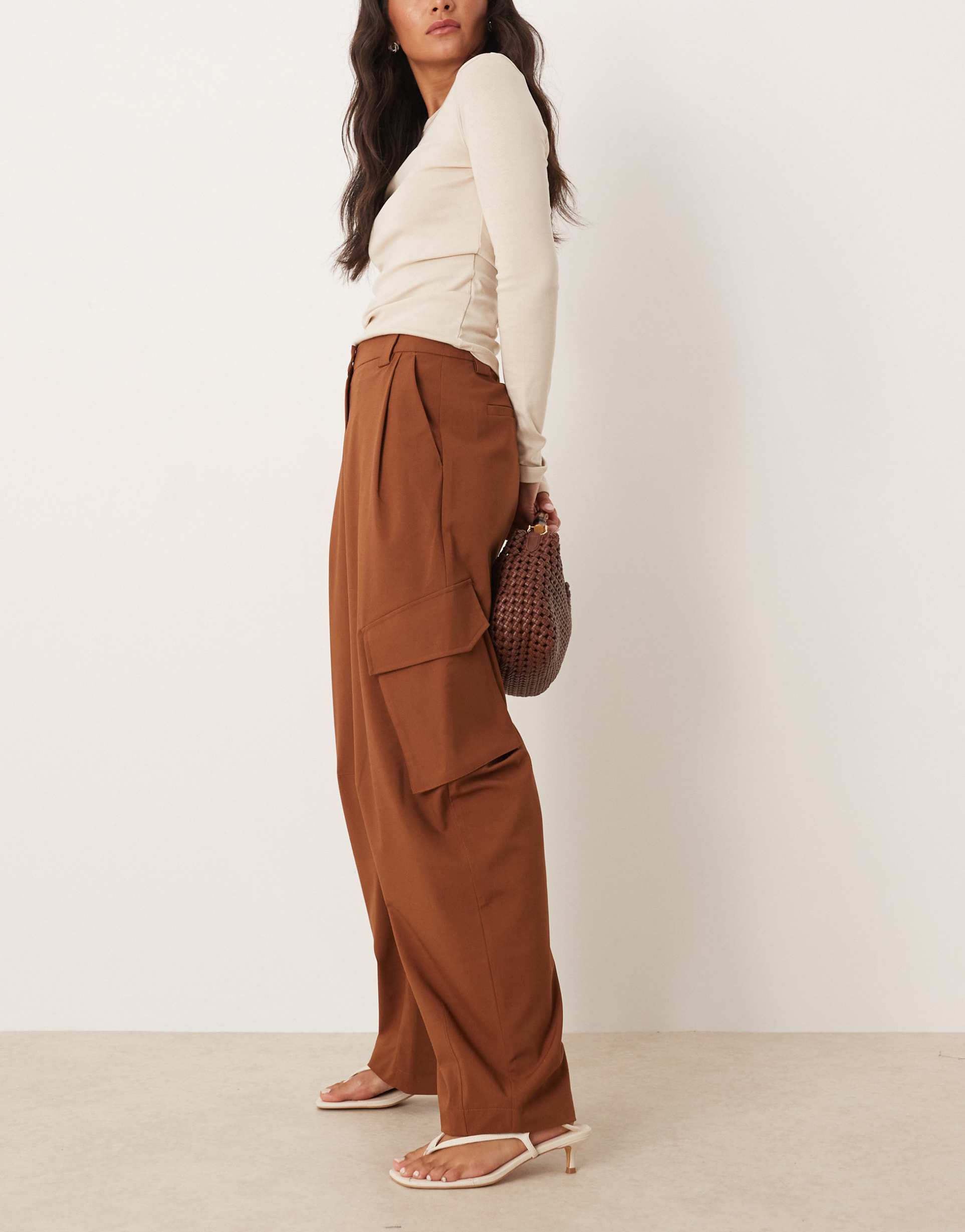 asos design tailored utility barrel leg pants in tobacco brown