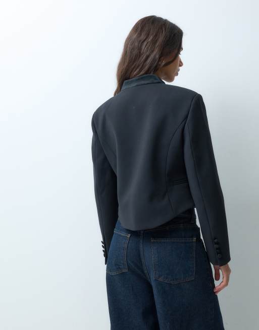 ASOS DESIGN tailored utility jacket with velvet trims in black, 4 of 4
