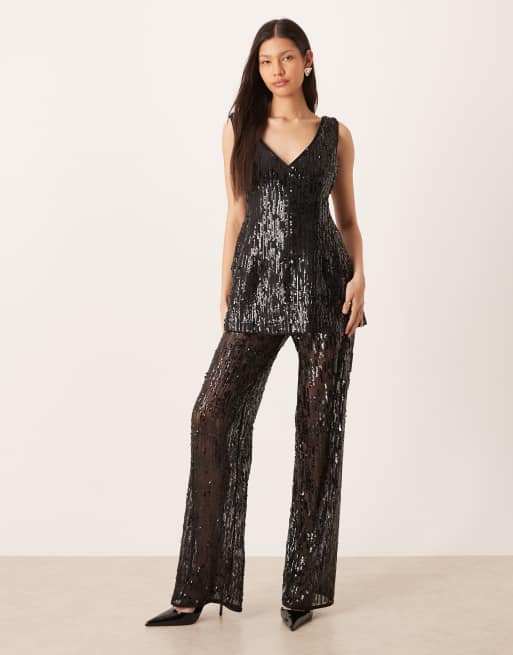 ASOS DESIGN tailored v neck sequin cinched waist peplum top co-ord in black, 2 of 4