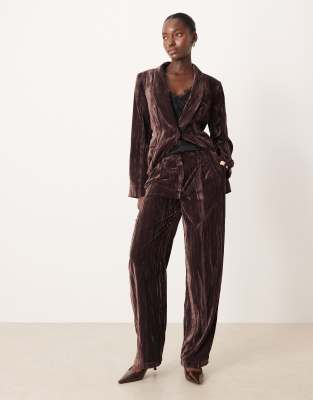 Asos Design Tailored Velvet High Waist Straight Leg Pants In Brown