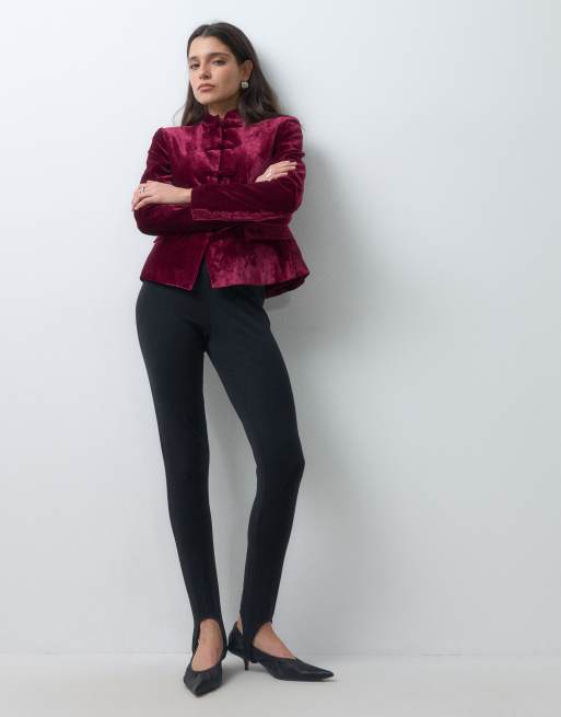 ASOS DESIGN Tailored velvet mandarin jacket in burgundy, 2 of 5