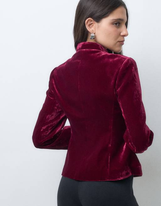 ASOS DESIGN Tailored velvet mandarin jacket in burgundy, 5 of 5