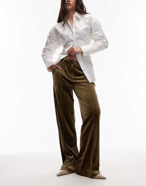 ASOS DESIGN tailored velvet slim straight trousers in olive - view 1