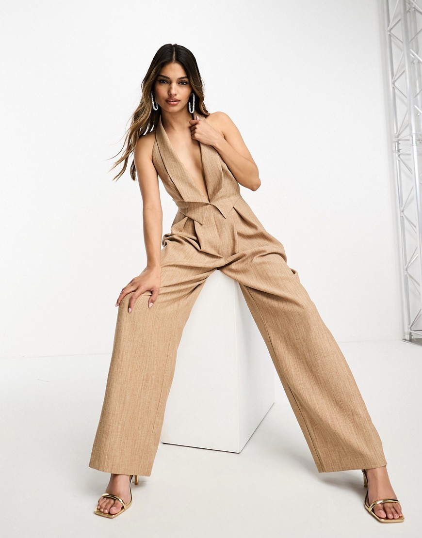 ASOS DESIGN tailored waistcoat 2 in 1 jumpsuit in camel-Neutral