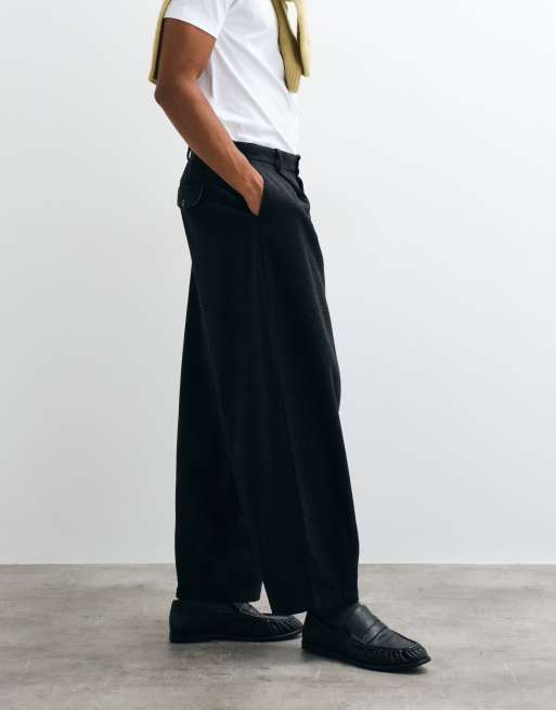 ASOS DESIGN tailored wide barrel leg pants with wool in black herringbone, 2 of 5
