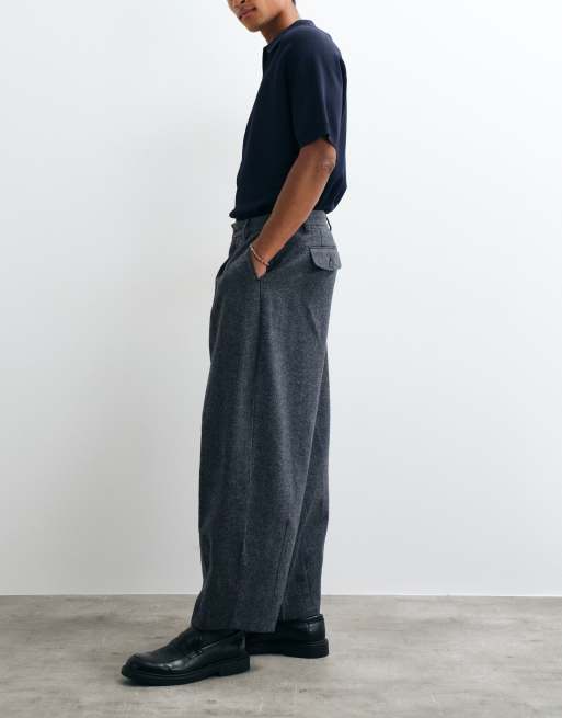 ASOS DESIGN tailored wide barrel leg pants with wool in navy herringbone, 3 of 5