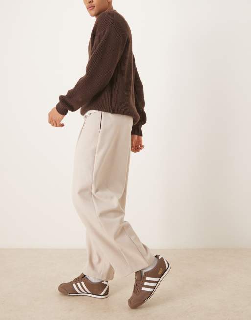 ASOS DESIGN tailored wide barrel leg pleated pants with exposed button in stone wool mix, 3 of 5