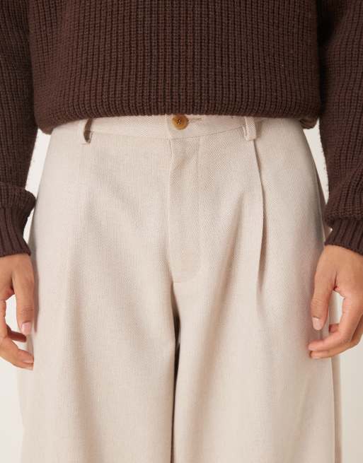 ASOS DESIGN tailored wide barrel leg pleated pants with exposed button in stone wool mix, 4 of 5