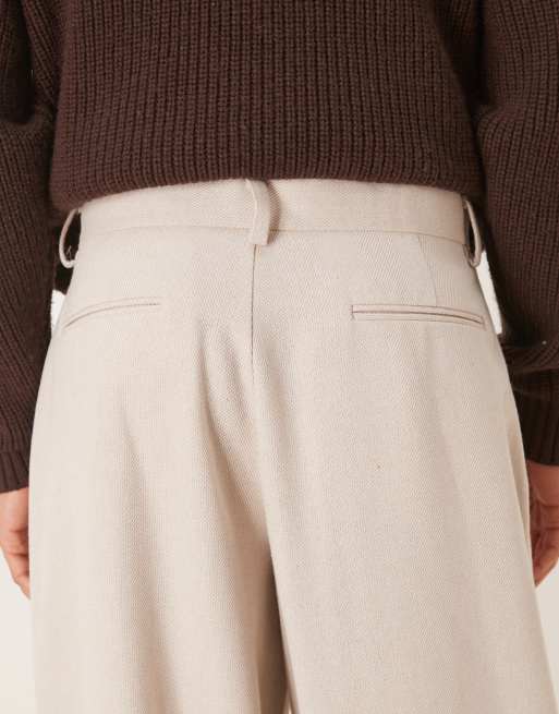 ASOS DESIGN tailored wide barrel leg pleated pants with exposed button in stone wool mix, 5 of 5