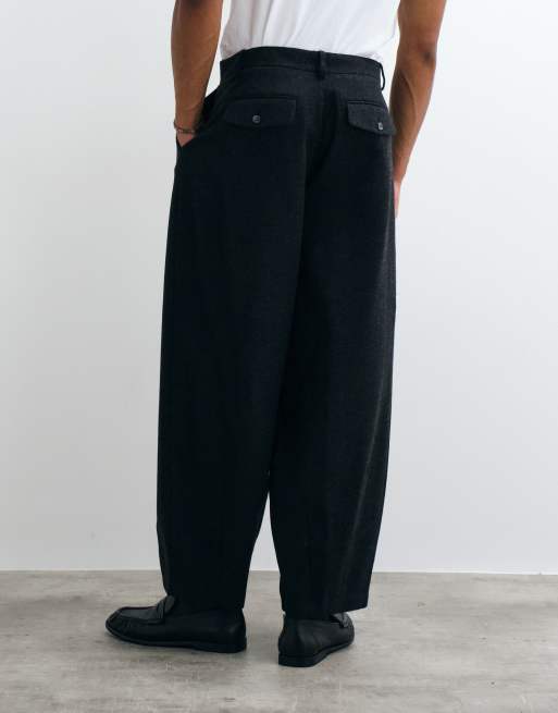 ASOS DESIGN tailored wide barrel leg trousers with wool in black herringbone, 4 of 5