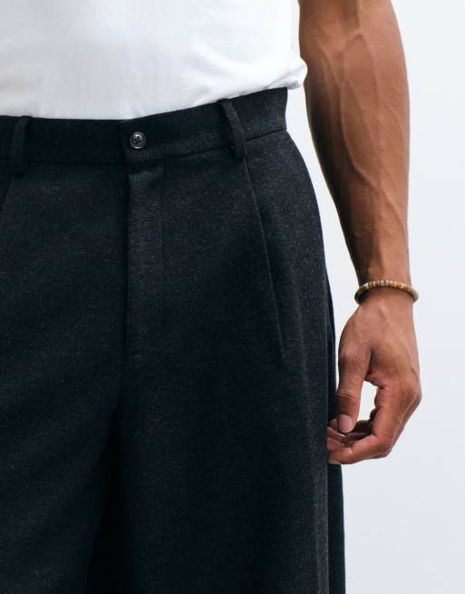ASOS DESIGN tailored wide barrel leg trousers with wool in black herringbone, 5 of 5