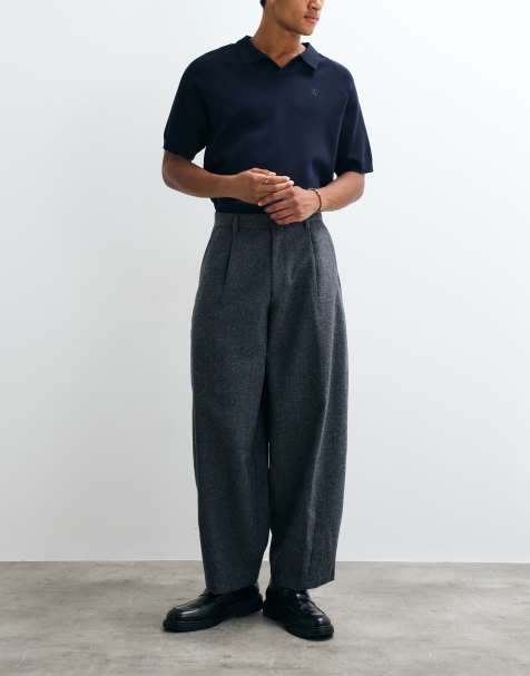 ASOS DESIGN tailored wide barrel leg trousers with wool in navy herringbone