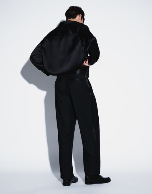 ASOS DESIGN tailored wide cummerbund trousers in black jacquard texture, 3 of 5