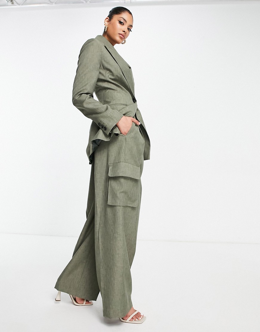 ASOS DESIGN tailored wide leg cargo suit pants in khaki-Gray
