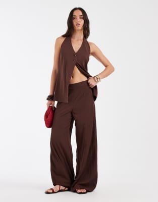 Asos Design Tailored Wide Leg Clean Waist Floaty Pants In Brown