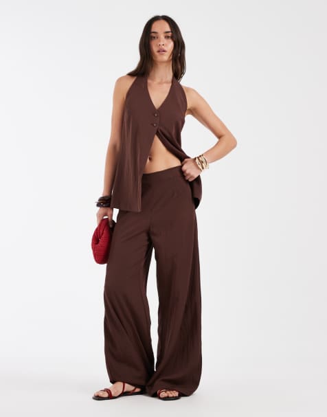 ASOS DESIGN Tailored wide leg clean waist floaty pants in brown - view 1