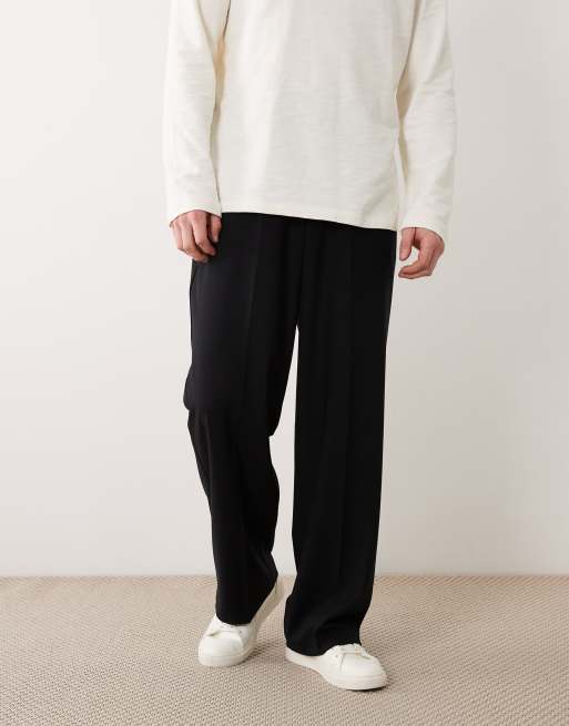 ASOS DESIGN tailored wide leg comfort stretch trousers in black twill with elasticated waist, 2 of 5