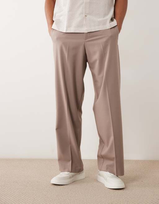 ASOS DESIGN tailored wide leg comfort stretch trousers in brown twill with elasticated waist, 2 of 5