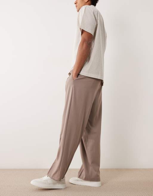 ASOS DESIGN tailored wide leg comfort stretch trousers in brown twill with elasticated waist, 3 of 5