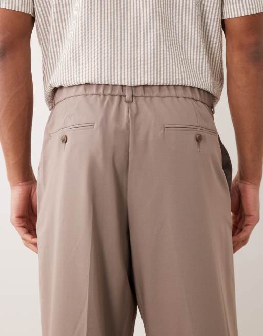 ASOS DESIGN tailored wide leg comfort stretch trousers in brown twill with elasticated waist, 5 of 5