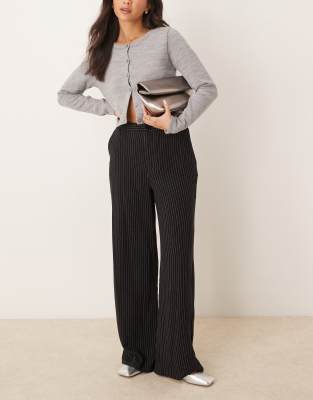 tailored wide leg dad pants in black pinstripe-Multi