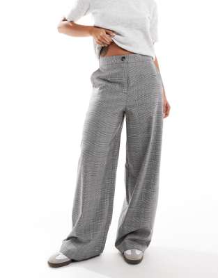 Asos Design Tailored Wide Leg Dad Pants In Gray And Brown Check