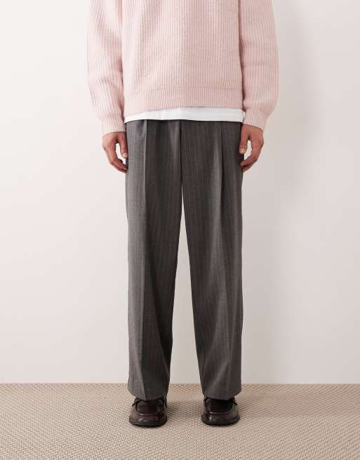 ASOS DESIGN tailored wide leg flannel pants in charcoal pinstripe with elasticated waist, 2 of 5