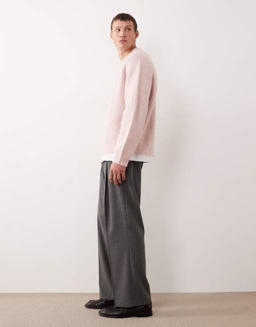 ASOS DESIGN tailored wide leg flannel pants in charcoal pinstripe with elasticated waist, 3 of 5