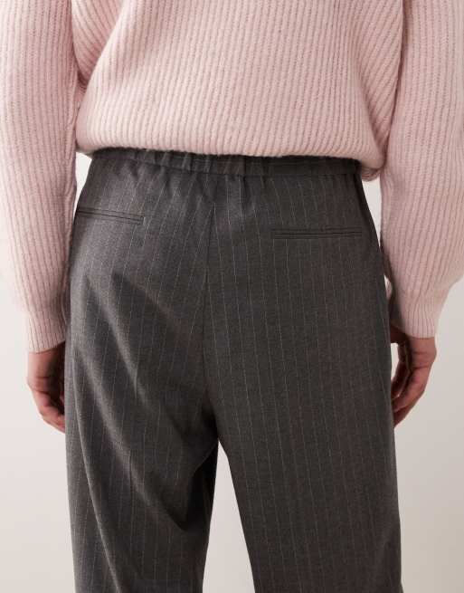 ASOS DESIGN tailored wide leg flannel pants in charcoal pinstripe with elasticated waist, 4 of 5