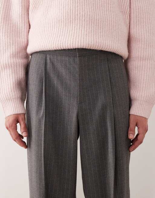 ASOS DESIGN tailored wide leg flannel pants in charcoal pinstripe with elasticated waist, 5 of 5