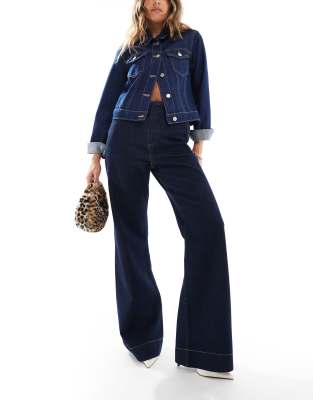 tailored wide leg jeans with front crease in dark mid blue