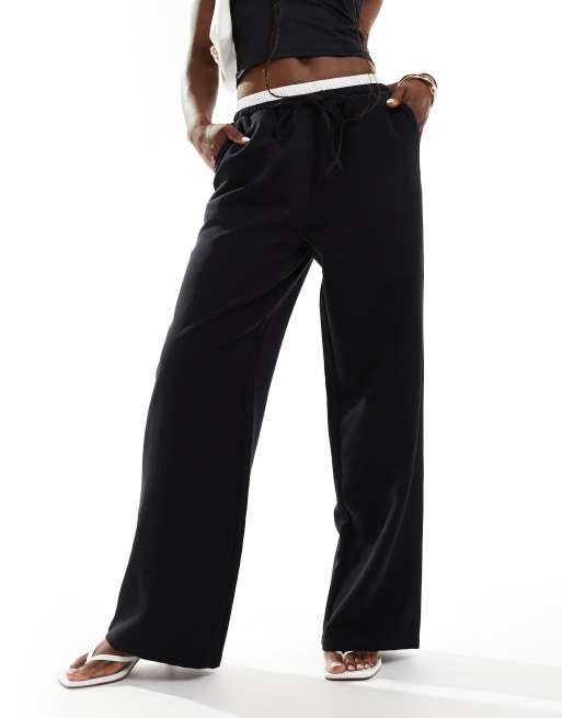 ASOS DESIGN tailored wide leg pants with contrast waistband in black, 3 of 5