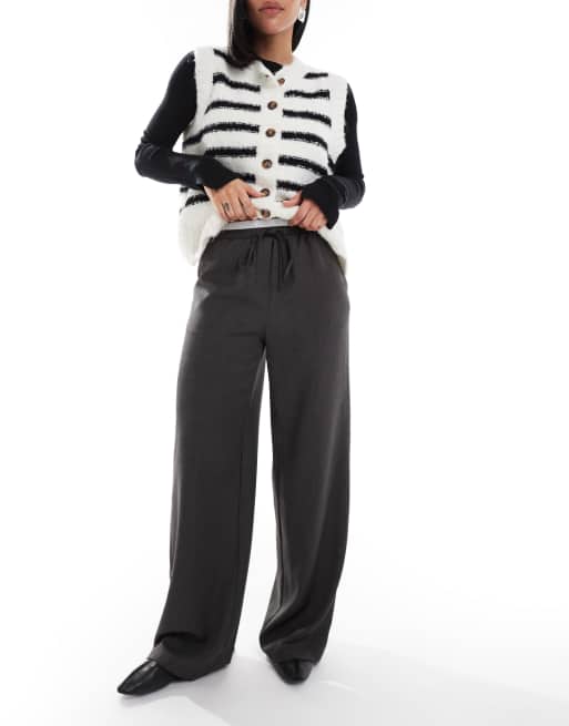 ASOS DESIGN tailored wide leg pants with contrast waistband in charcoal