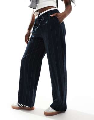 Asos Design Tailored Wide Leg Pants With Contrast Waistband In Navy Stripe-multi