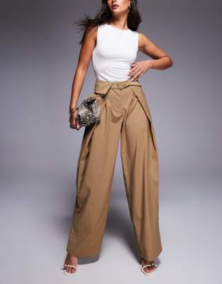 Asos Design Tailored Wide Leg Pants With Fold Over Waistband Detail In Brown