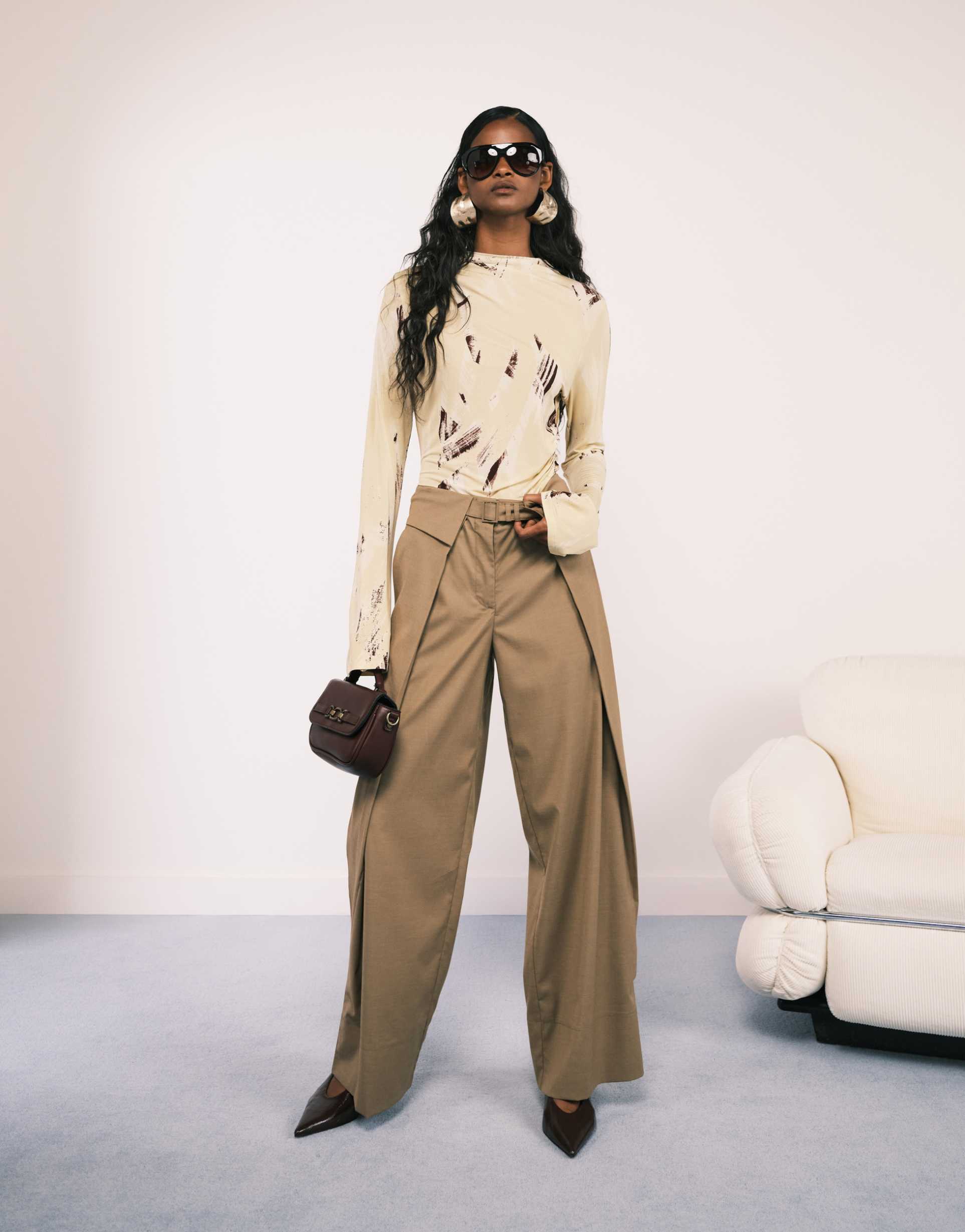 asos design tailored wide leg pants with fold over waistband detail in camel