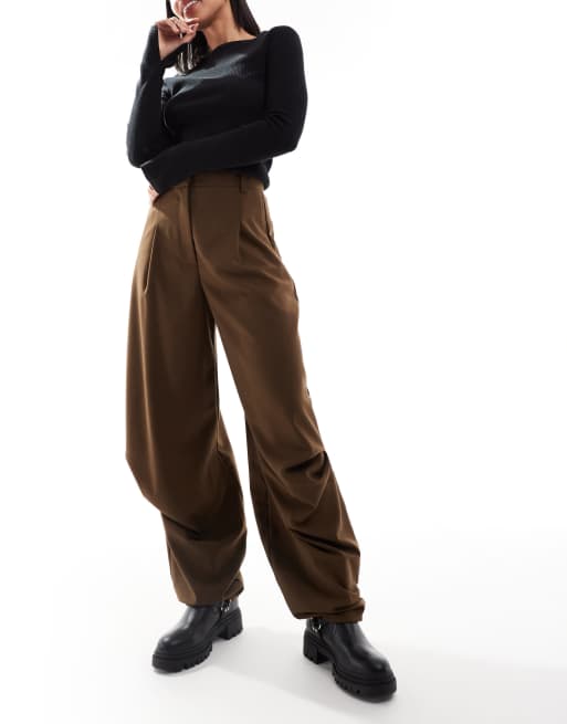 ASOS DESIGN tailored wide leg pants with knee pleat detail in chocolate