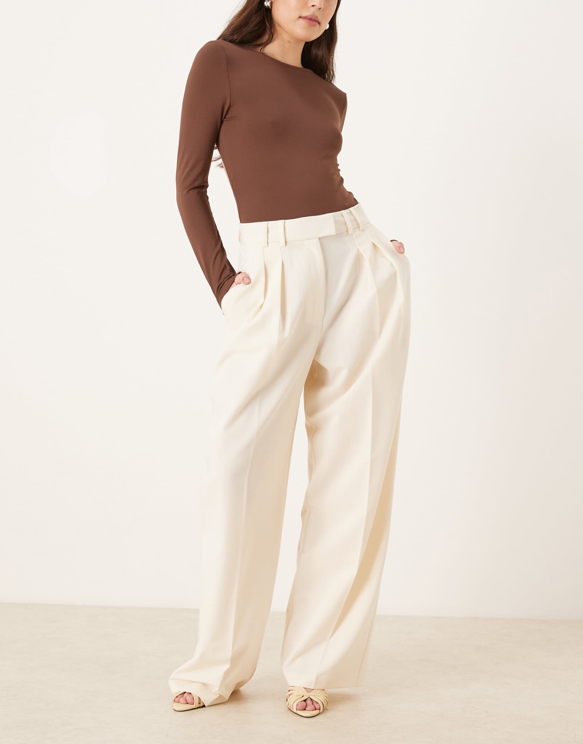 asos design tailored wide leg pants with pleat detail in cream