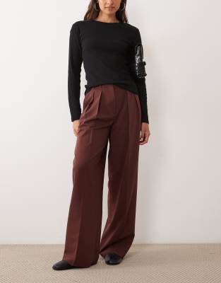 Asos Design Tailored Wide Leg Pants With Pleat Detail In Brown
